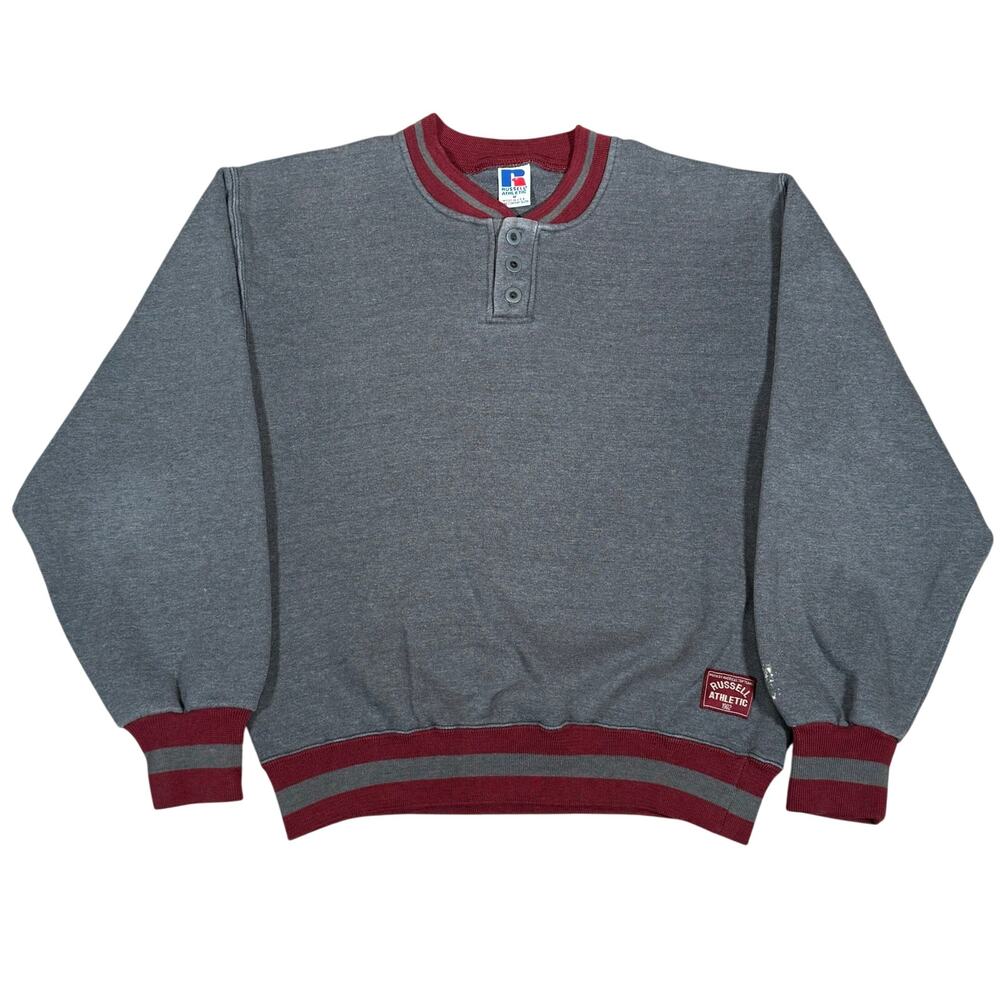 Vintage Russell Athletic Henley Sweatshirt Gray Red USA Medium 90s Crewneck